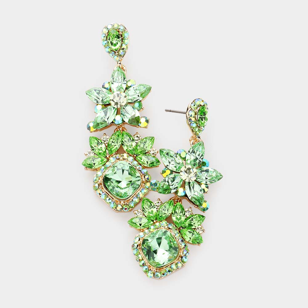 Peridot Crystal Rhinestone Floral Pageant Earrings | Prom Earrings | 476440