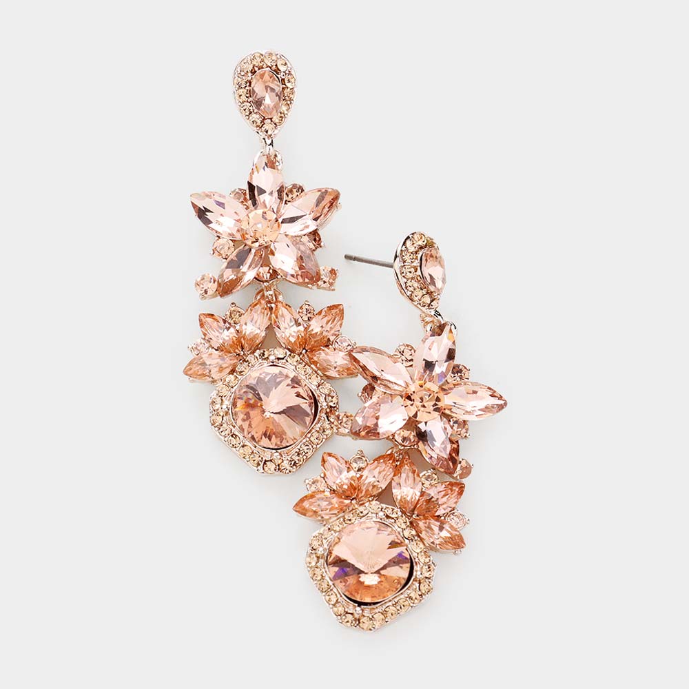 Peach Crystal Rhinestone Floral Pageant Earrings | Prom Earrings| 476442