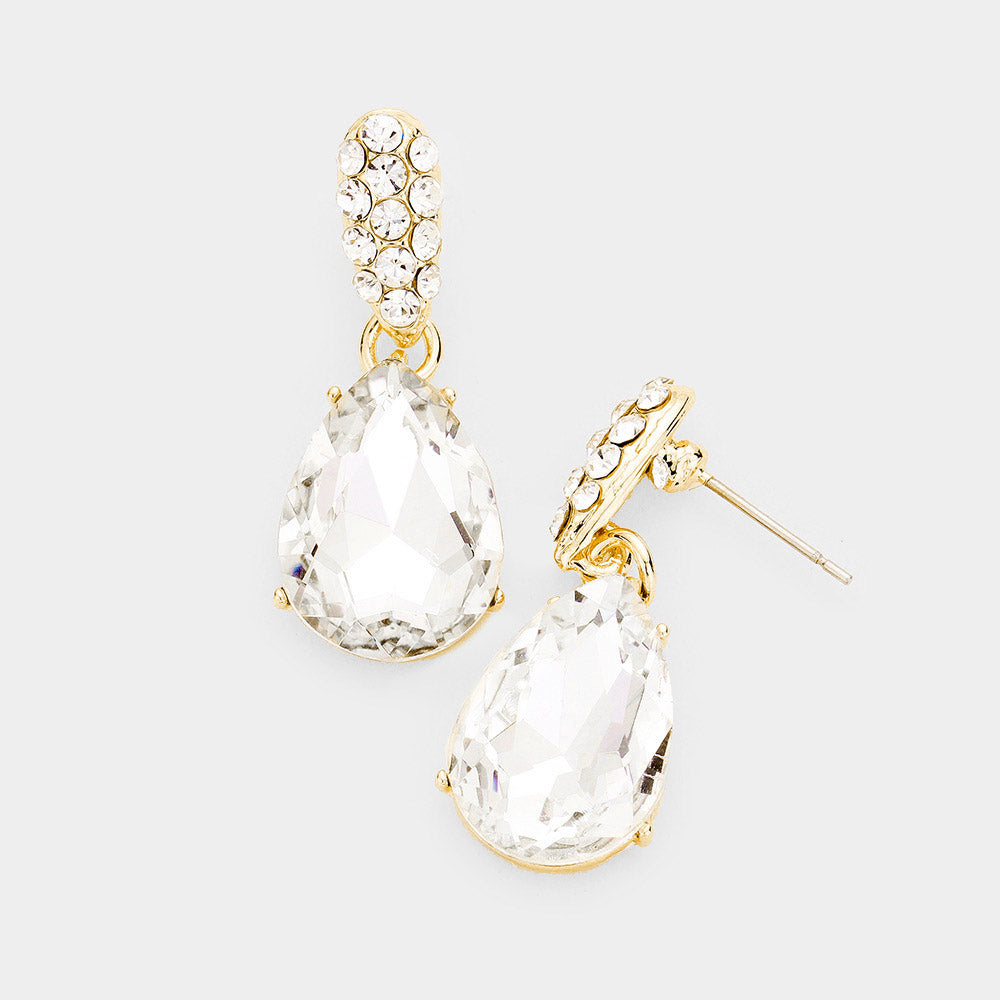 Small Clear Crystal and Rhinestone Teardrop Dangle Earrings on Gold | Little Girls | Older Girls Interview | 428186