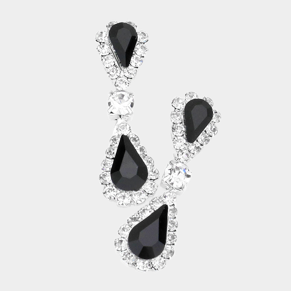 Black Double Teardrop Rhinestone Accented Small Pageant Earrings | Little Girl Earrings | 565461