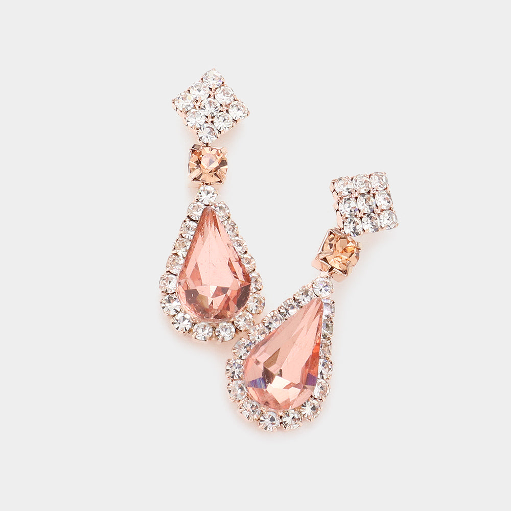 Small Peach Teardrop Rhinestone Accented Dangle Earrings on Rose Gold | Earrings for Little Girls| 585554