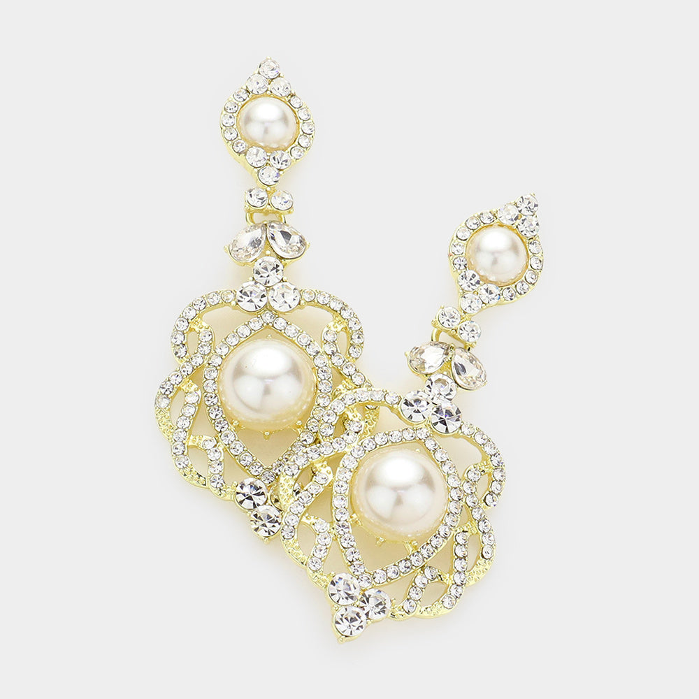 Cream Pearl Accented Rhinestone Dangle Bridal Earrings on Gold | Wedding Earrings | 594703