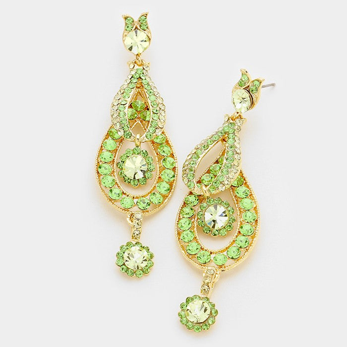 Green Crystal Rhinestone Dangle Prom Pageant Earrings | 193403