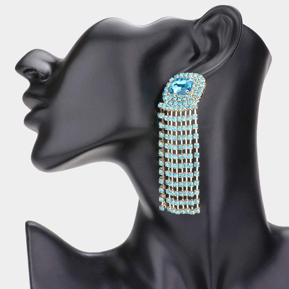 Emerald Cut Aqua Stone and Rhinestone Fringe Pageant Earrings | Prom Earrings | 590027