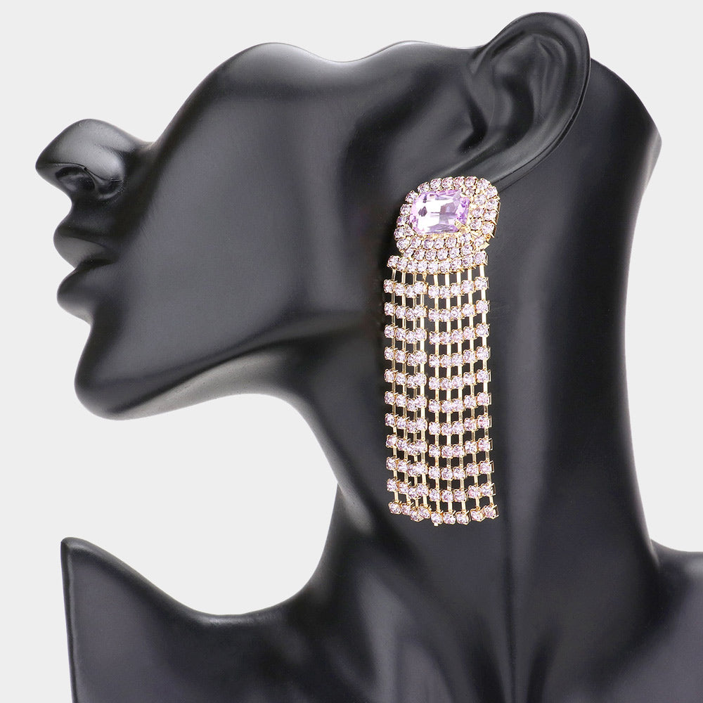 Emerald Cut Lavender Stone and Rhinestone Fringe Pageant Earrings | Prom Earrings | 590031