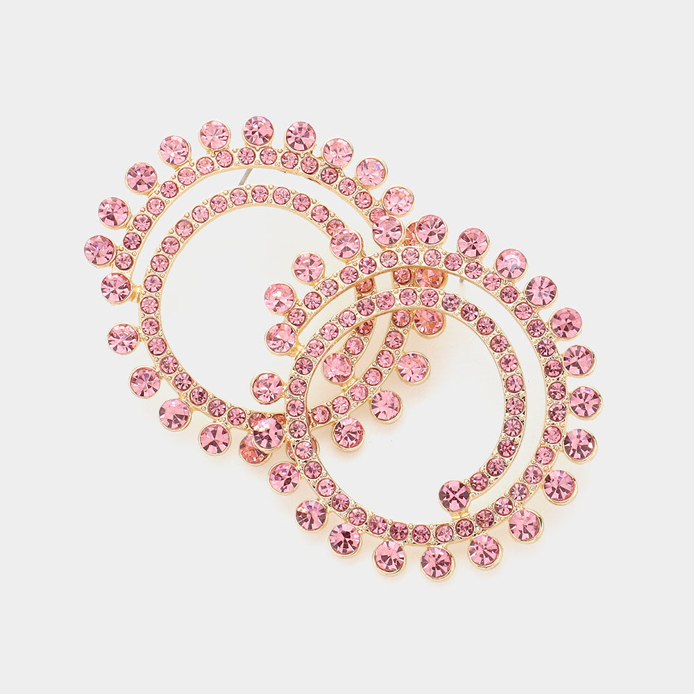 Pink Crystal Cluster Swirl Round Pageant Earrings | Evening Earrings | 604451