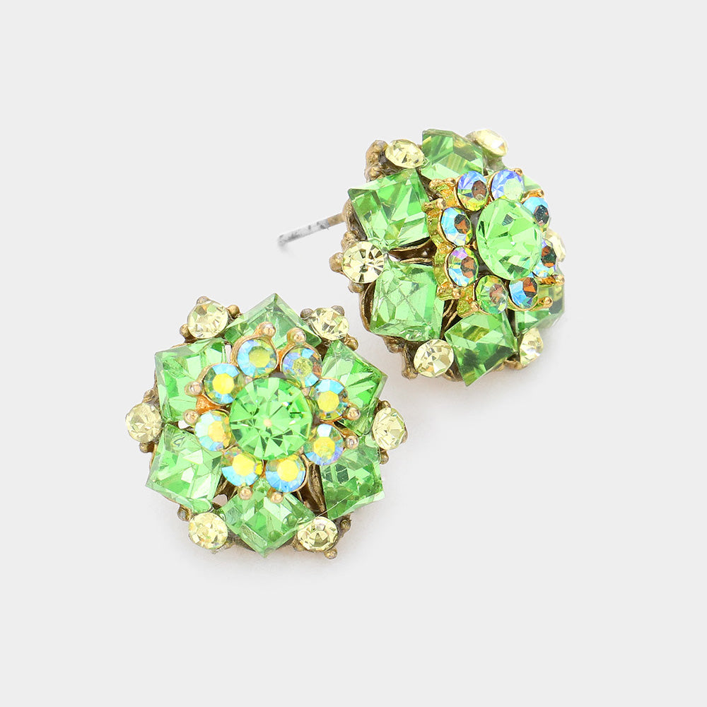 Multi Shape Peridot Crystal Stone Cluster Stud Earrings | Interview Earrings | 543363