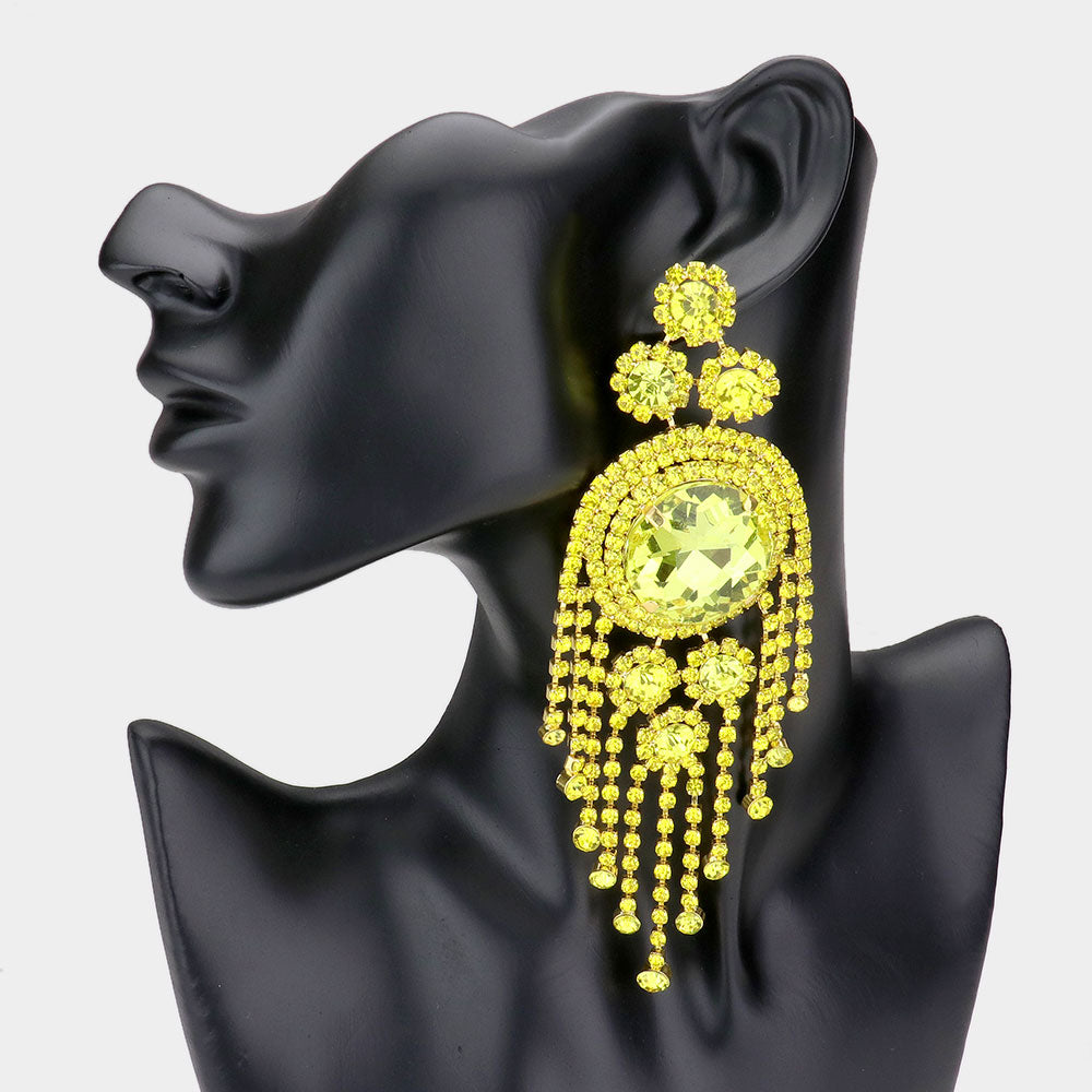 Yellow Crystal Round Stone Accented with Fringe Pageant Earrings | Statement Earrings | 529011