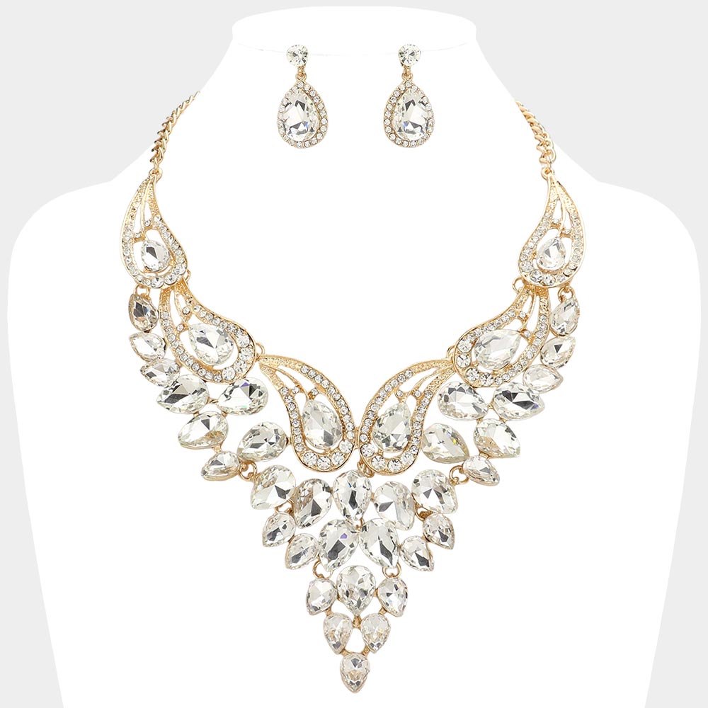 Clear Teardrop Stone Evening Necklace Set on Gold | Crystal Statement Necklace Set | 641539