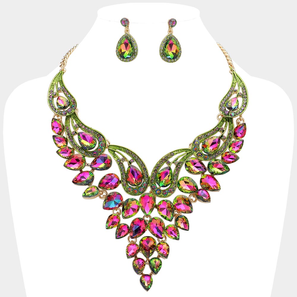 Multi-Color Teardrop Stone Evening Necklace Set | Crystal Statement Necklace Set | 641541