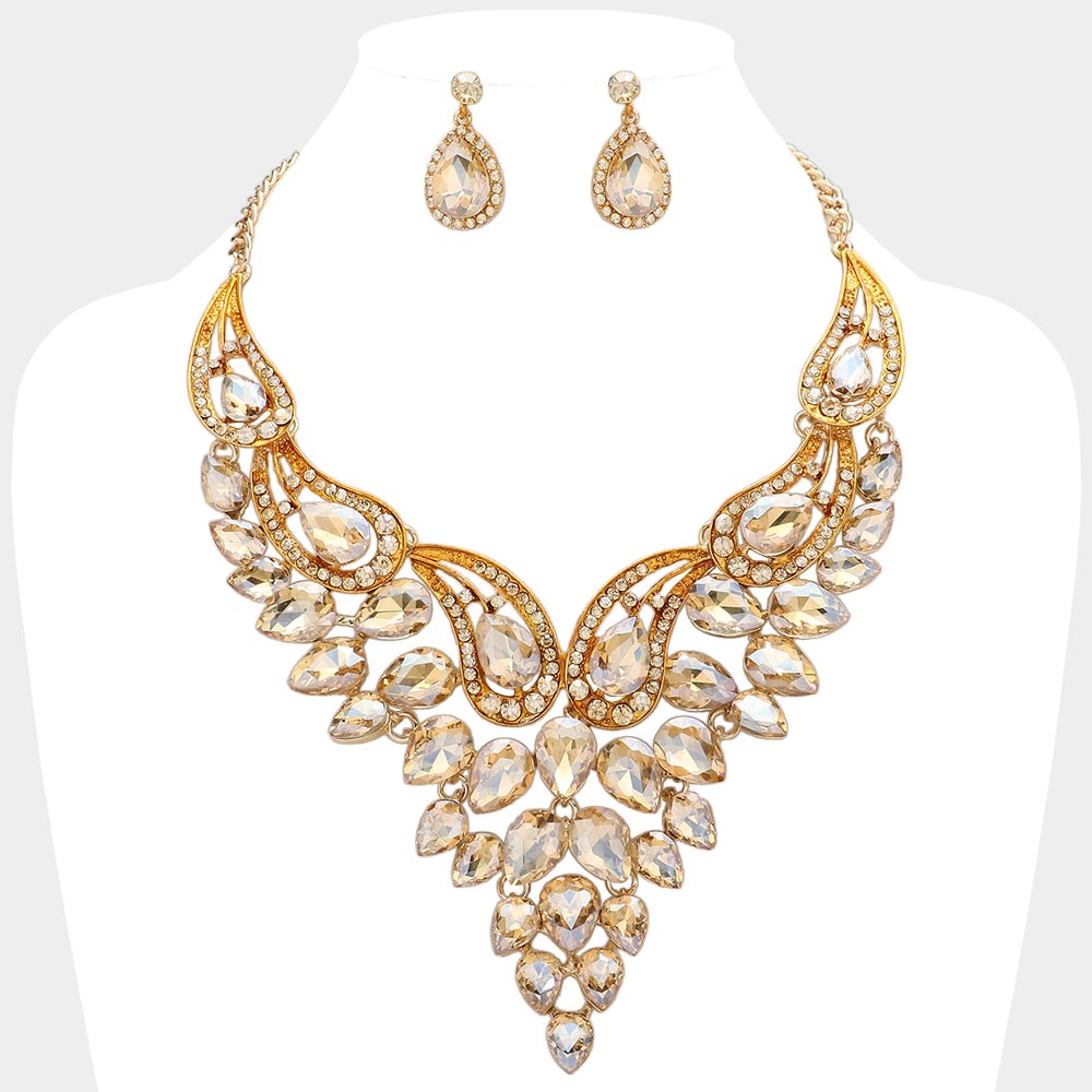 Light Topaz Teardrop Stone Evening Necklace Set | Crystal Statement Necklace Set | 641542