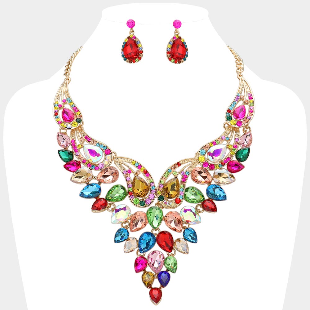 Multi-Color Teardrop Stone Evening Necklace Set | Crystal Statement Necklace Set | 641543