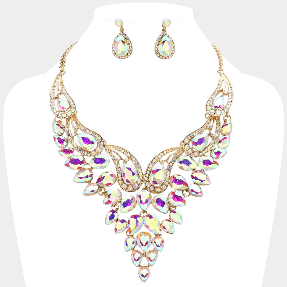 AB Teardrop Stone Evening Necklace Set on Gold | Crystal Statement Necklace Set | 641544