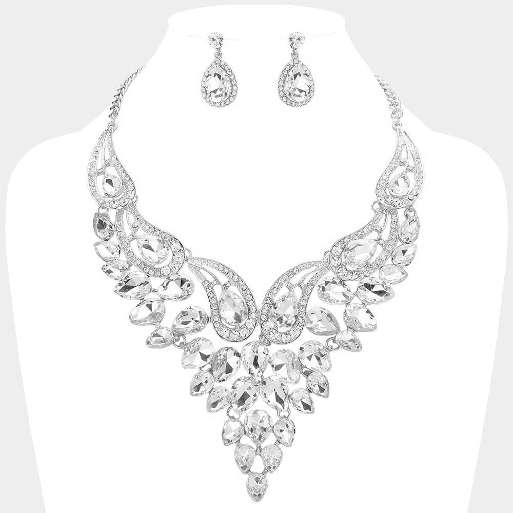 Clear Teardrop Stone Evening Necklace Set | Crystal Statement Necklace Set | 641545