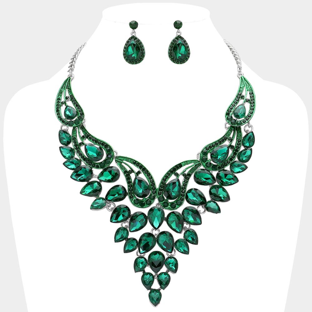 Emerald Teardrop Stone Evening Necklace Set | Crystal Statement Necklace Set | 641546