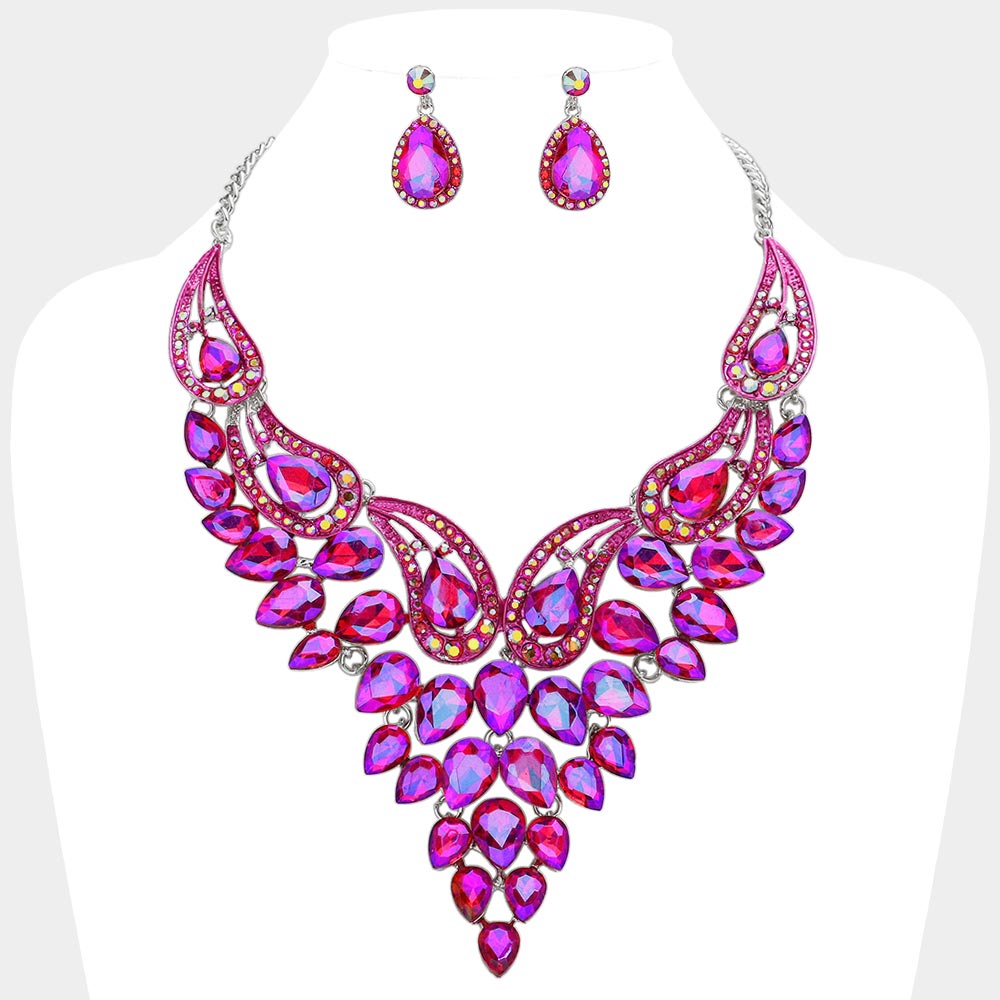 Purple AB Teardrop Stone Evening Necklace Set | Crystal Statement Necklace Set | 641547