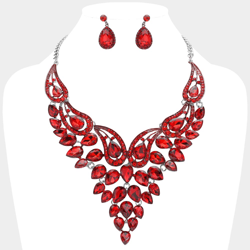 Red Teardrop Stone Evening Necklace Set | Crystal Statement Necklace Set | 641548