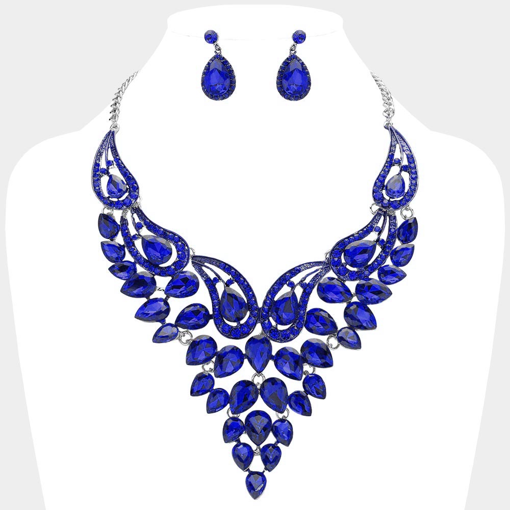 Sapphire Teardrop Stone Evening Necklace Set | Crystal Statement Necklace Set | 641549