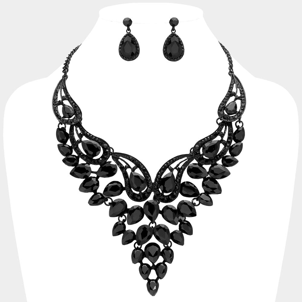 Jet Black Teardrop Stone Evening Necklace Set | Crystal Statement Necklace Set | 641552