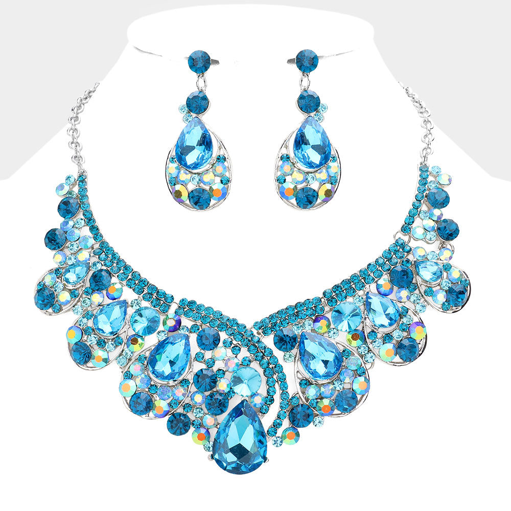 Aqua Crystal Teardrop Pageant Necklace Set | Prom Necklace Set | 248874