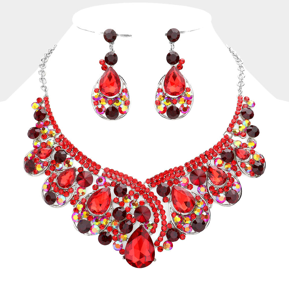 Red AB Crystal Teardrop Pageant Necklace Set | Prom Necklace Set | 593964