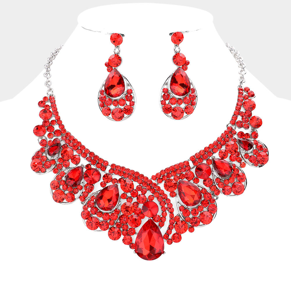 Red Crystal Teardrop Pageant Necklace Set | Prom Necklace Set | 252009