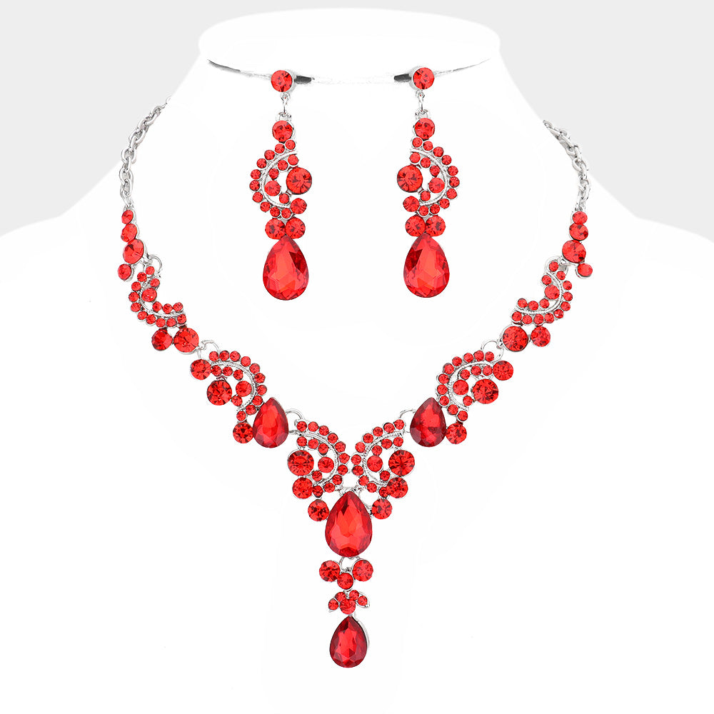 Red Teardrop Stone Prom Necklace Set | Statement Jewelry | 566586