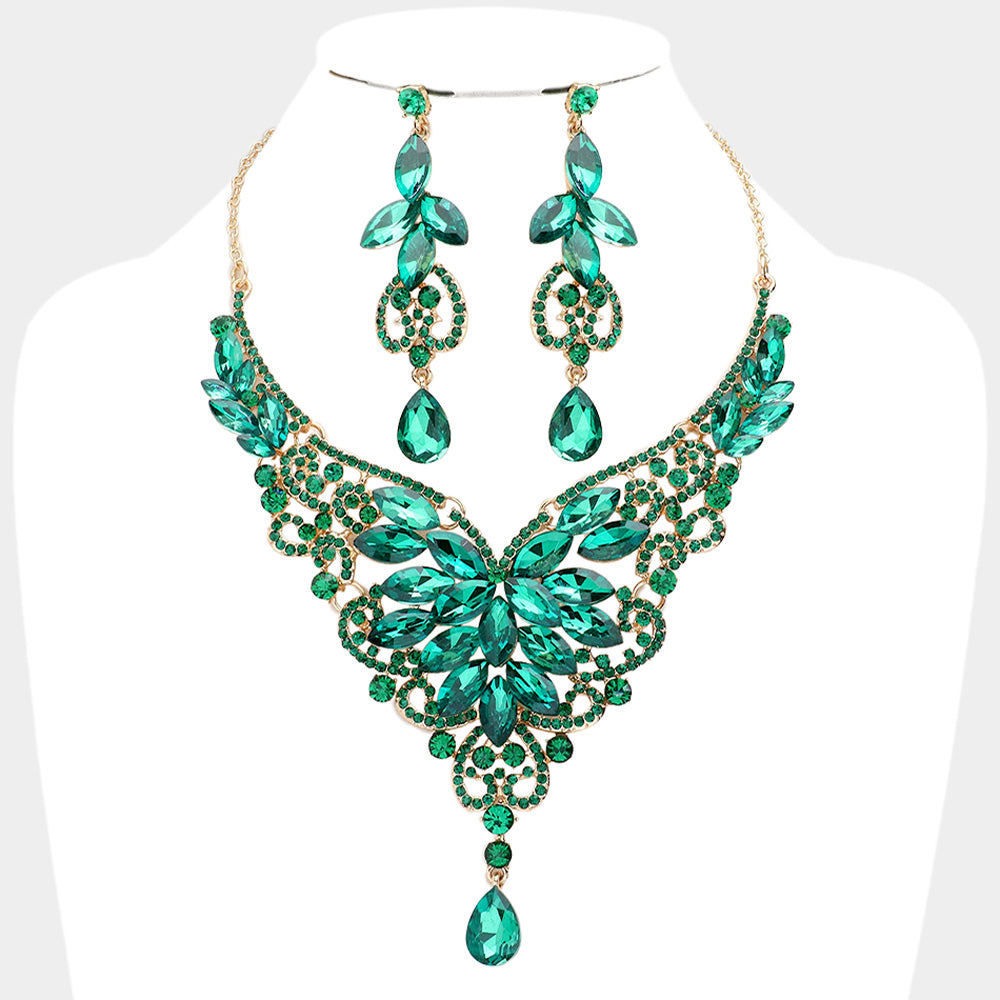 Emerald Crystal Mix Stone Statement Necklace Set | Evening Necklace Set | 608255