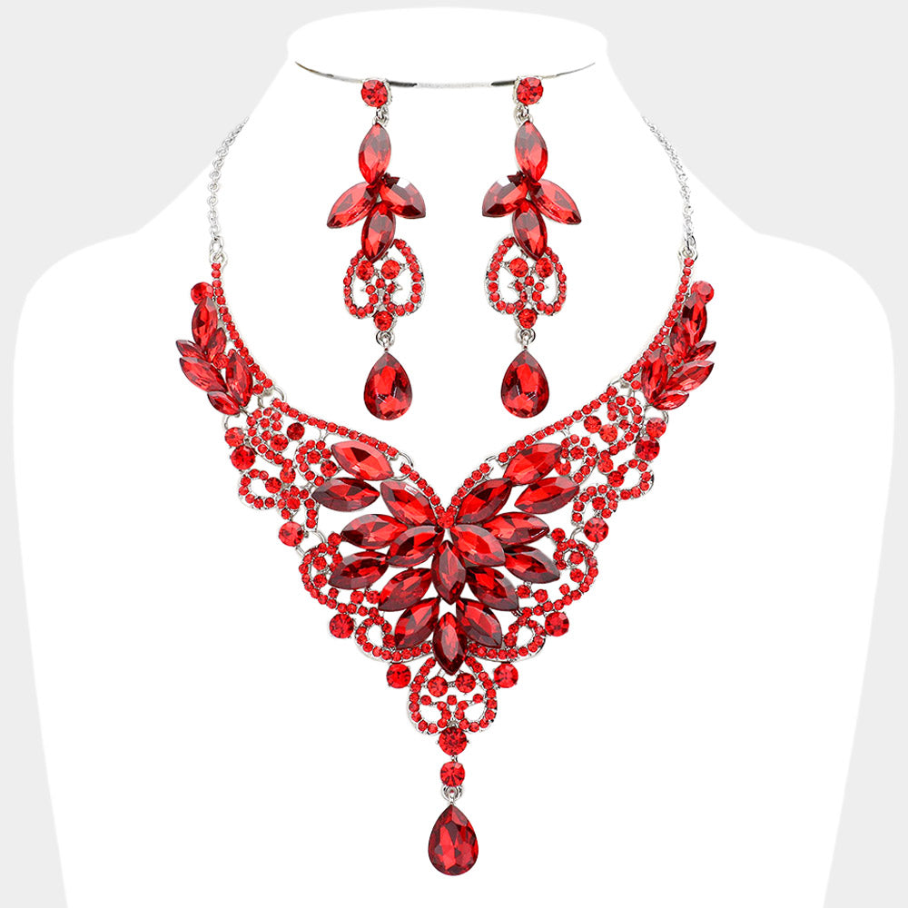 Red Crystal Mix Stone Statement Necklace Set | Evening Necklace Set | 608253