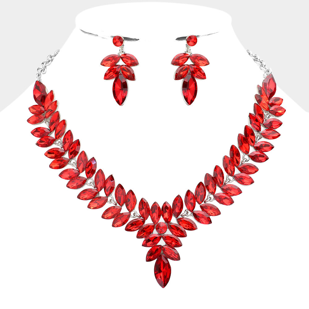 Red Marquise Stone Cluster Pageant Necklace Set | Evening Necklace Set | 608324