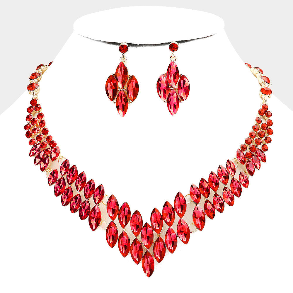 Marquise Red Crystal Stone Cluster Statement Necklace | Evening Necklace | 504813