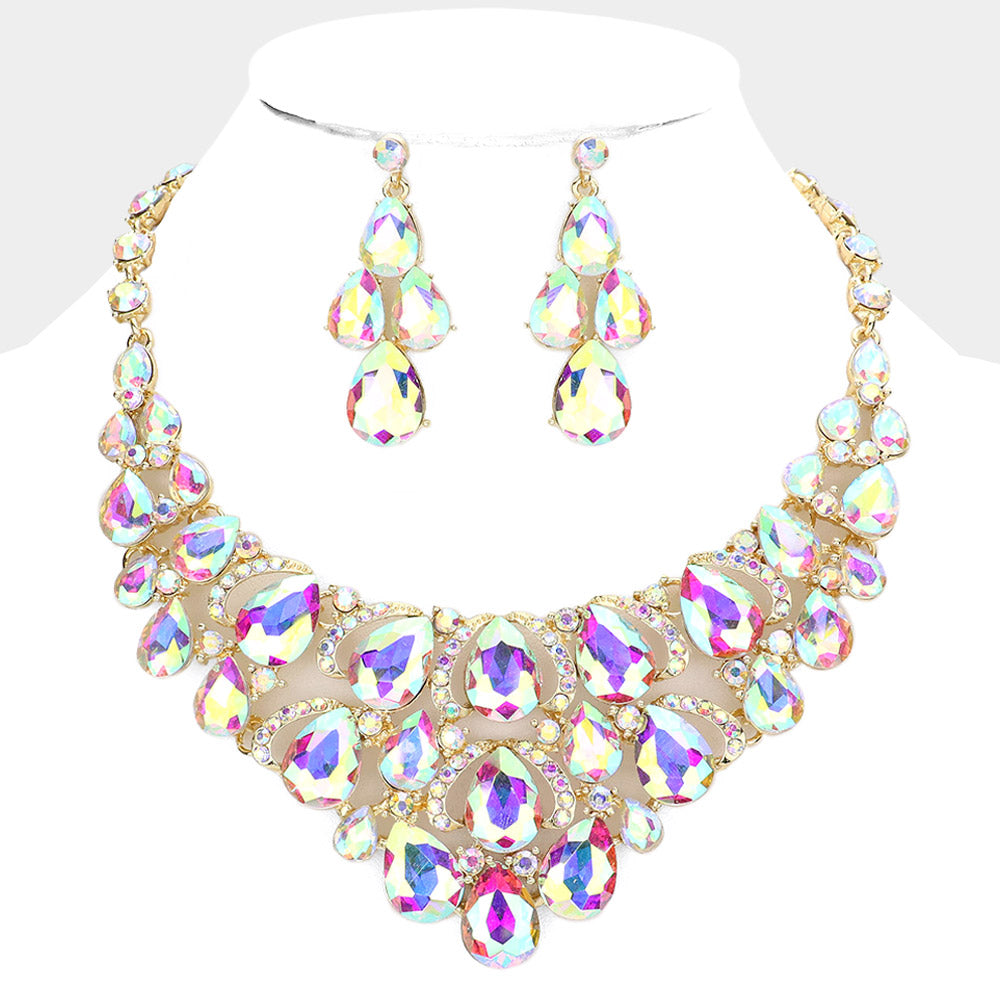 AB Crystal Teardrop Cluster Pageant Necklace on Gold | Statement Necklace | 560923