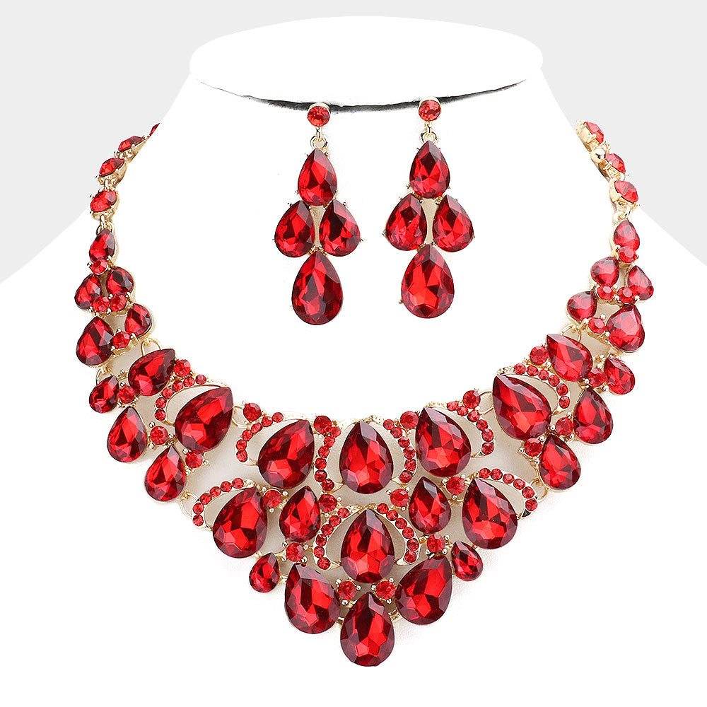 Red Crystal Teardrop Cluster Pageant Necklace on Gold | Statement Necklace | 484069