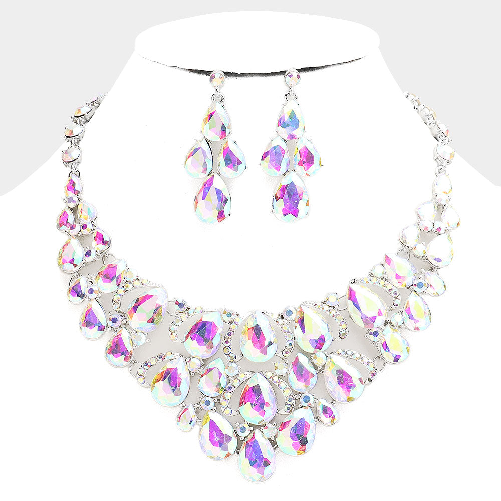 AB Crystal Teardrop Cluster Pageant Necklace | Statement Necklace | 484071