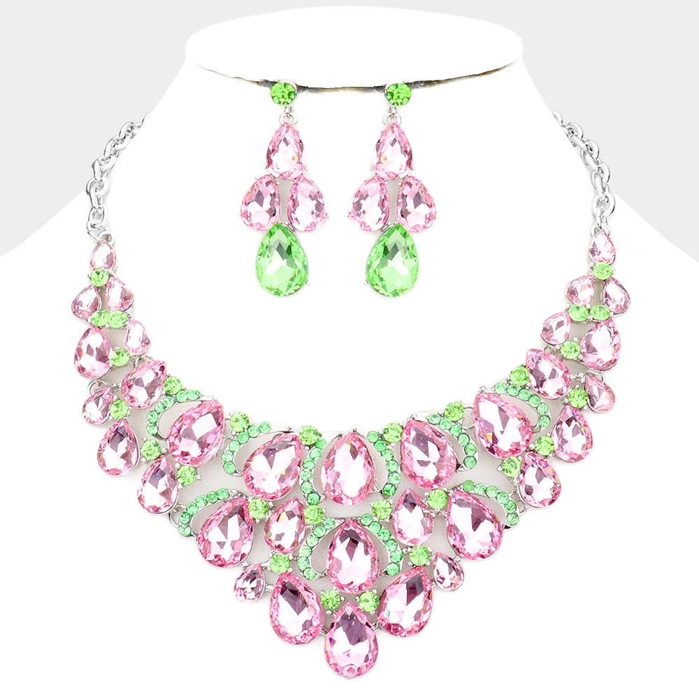 Pink & Green Crystal Teardrop Cluster Pageant Necklace | Statement Necklace | 529849