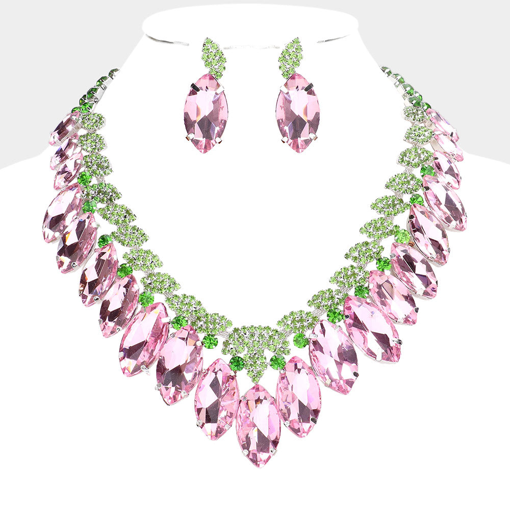 Pink & Green Crystal Marquise Stone Statement Necklace | 584369