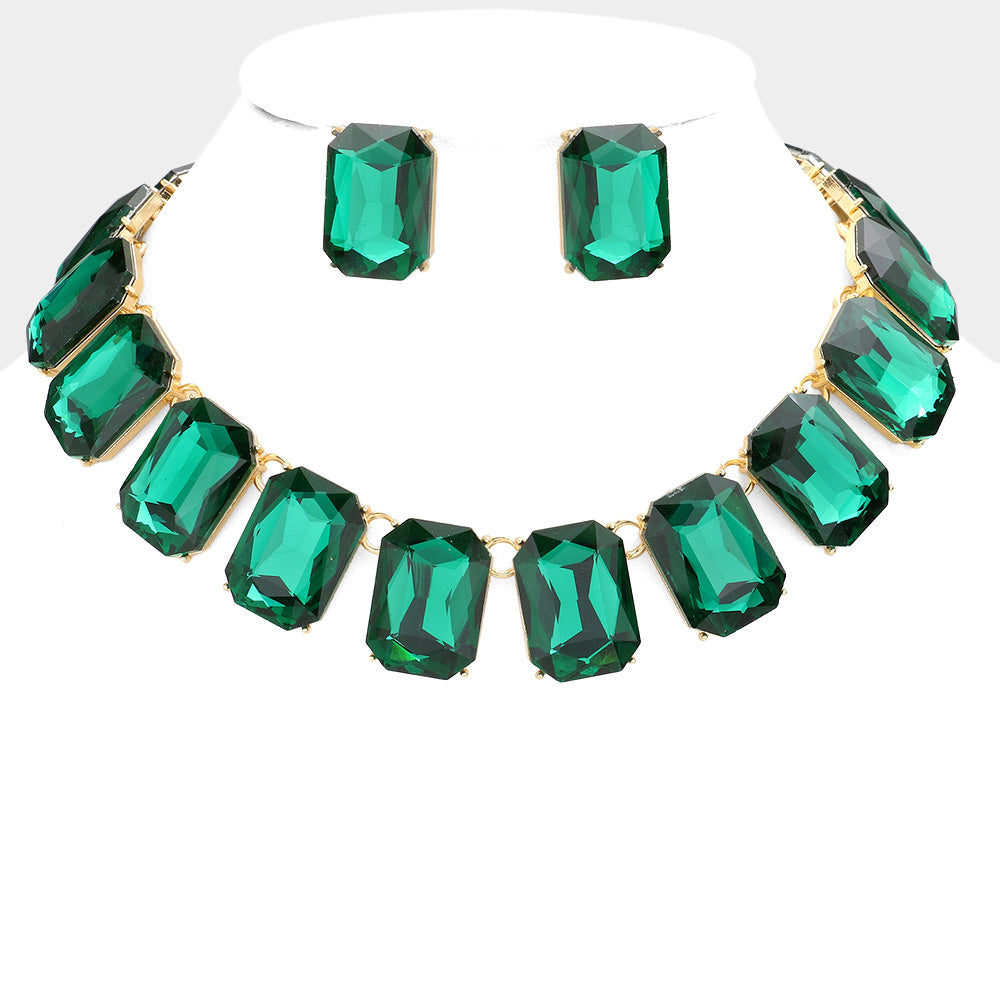 Emerald Crystal Emerald Cut Stone Link Statement Necklace Homecoming Jewelry | 574832