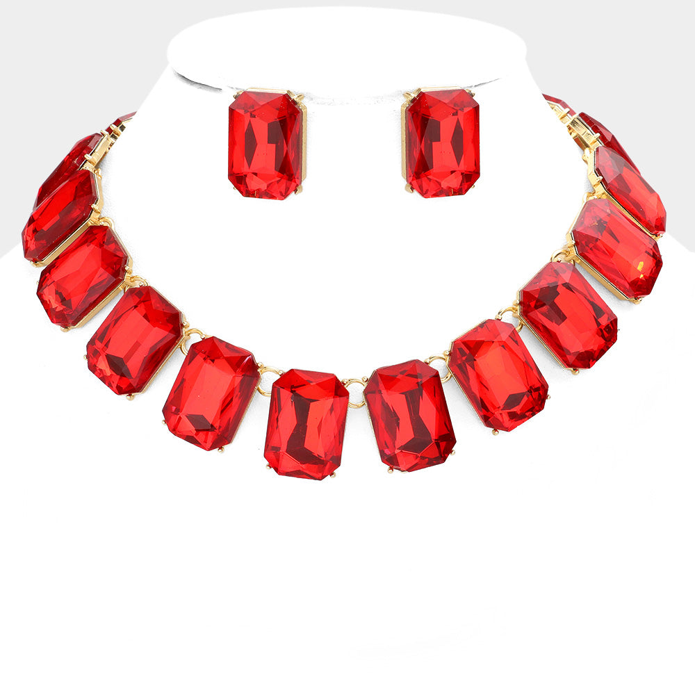 Red Crystal Emerald Cut Stone Link Statement Necklace | Homecoming Jewelry | 574834