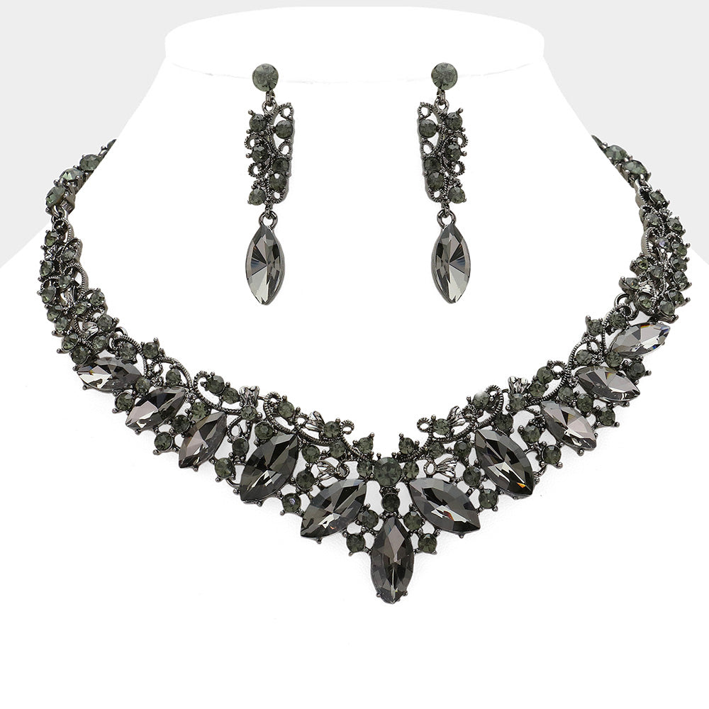 Black Diamond Marquise and Mixed Stone Statement Necklace Set | Crystal Stone Evening Necklace Set | 644597