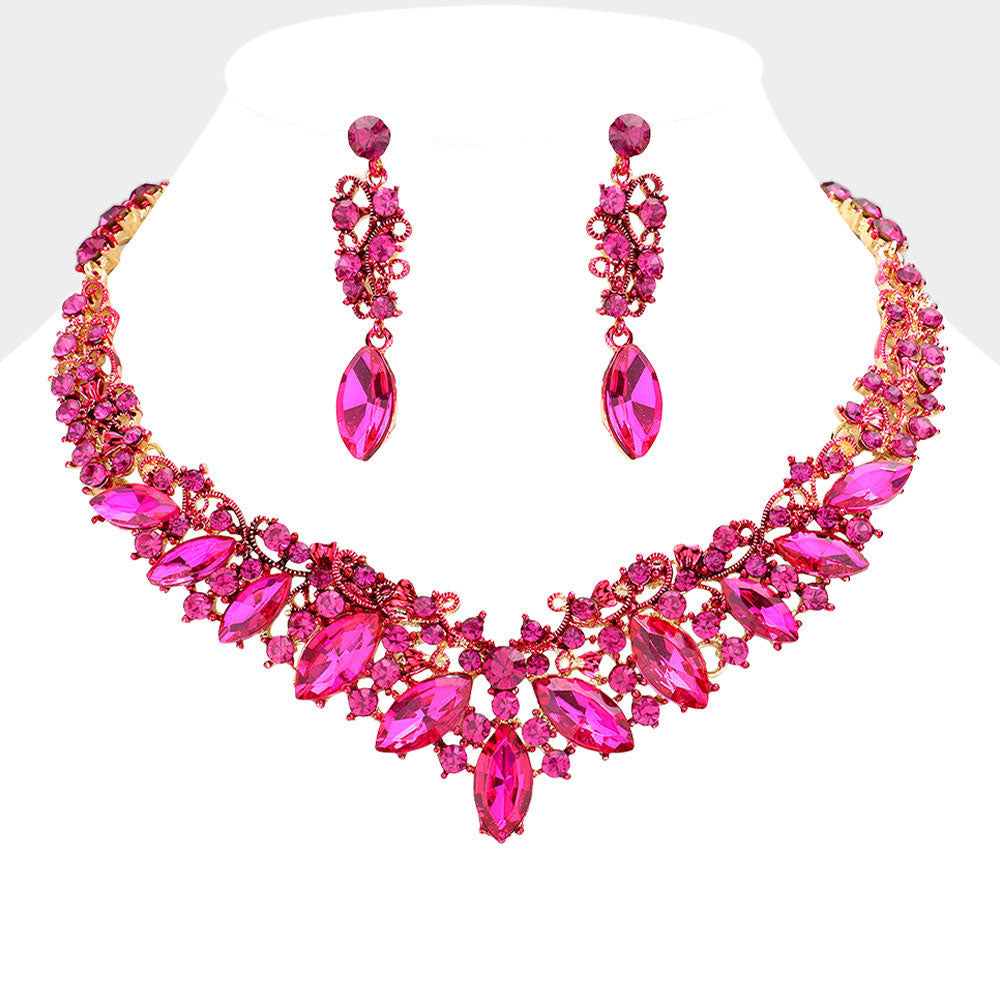 Fuchsia Diamond Marquise and Mixed Stone Statement Necklace Set | Crystal Stone Evening Necklace Set | 589932