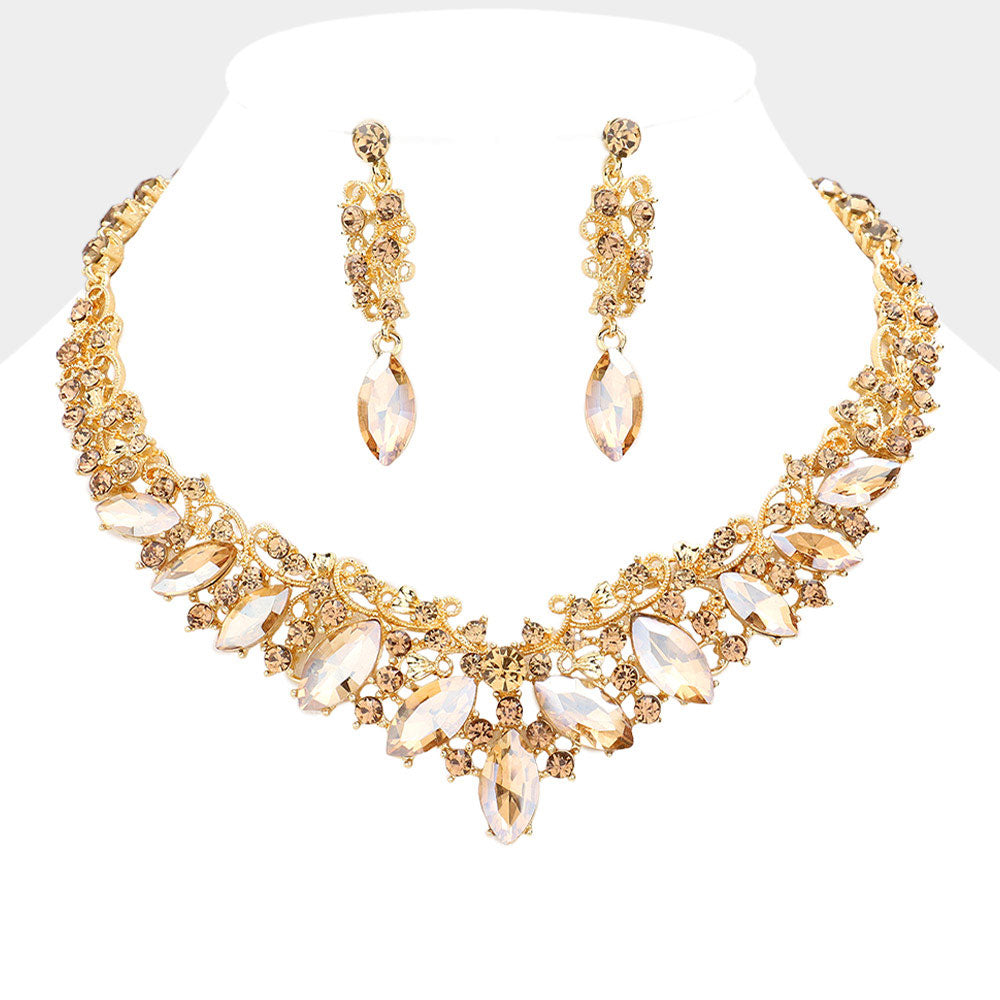 Light Topaz Diamond Marquise and Mixed Stone Statement Necklace Set | Crystal Stone Evening Necklace Set | 589933