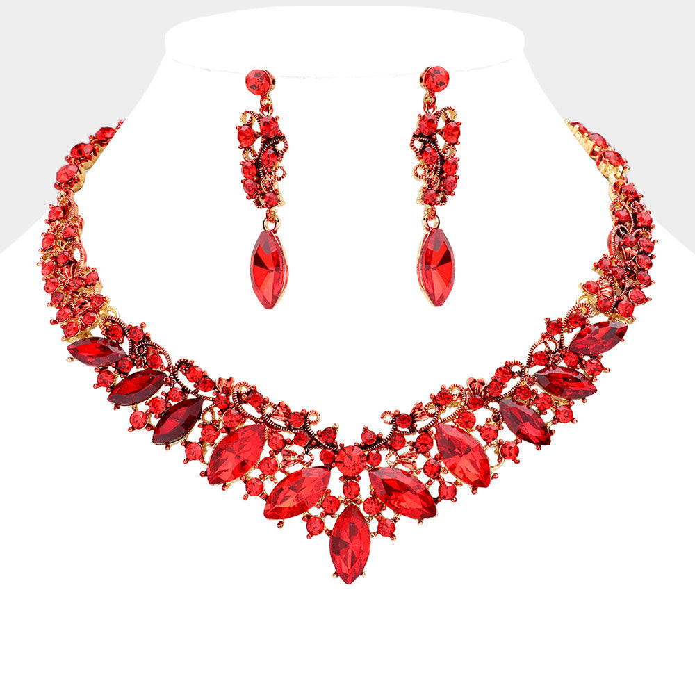 Red Diamond Marquise and Mixed Stone Statement Necklace Set | Crystal Stone Evening Necklace Set | 589934