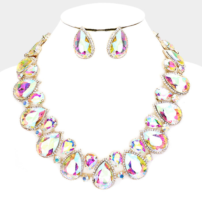 AB Crystal Rhinestone Trim Teardrop Pageant Necklace on Gold | Evening Necklace | 409121