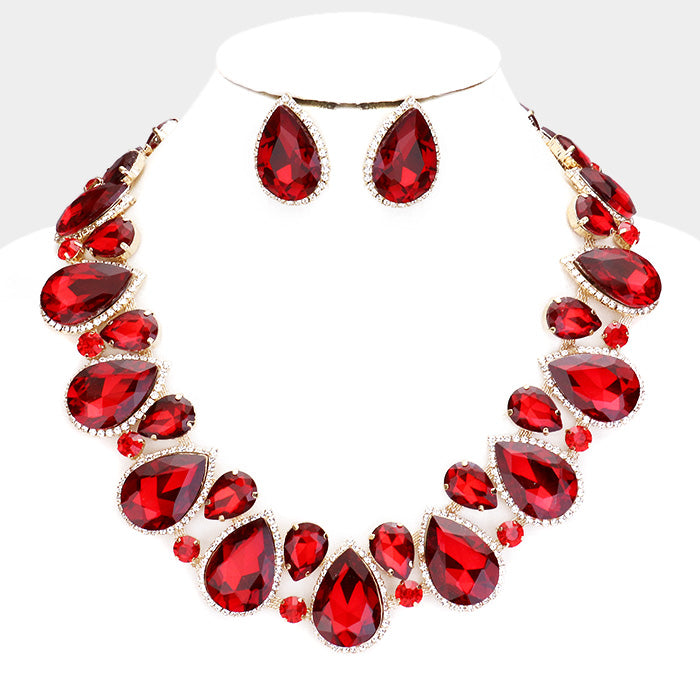 Dark Red Crystal Rhinestone Trim Teardrop Pageant Necklace | Evening Necklace | 409126