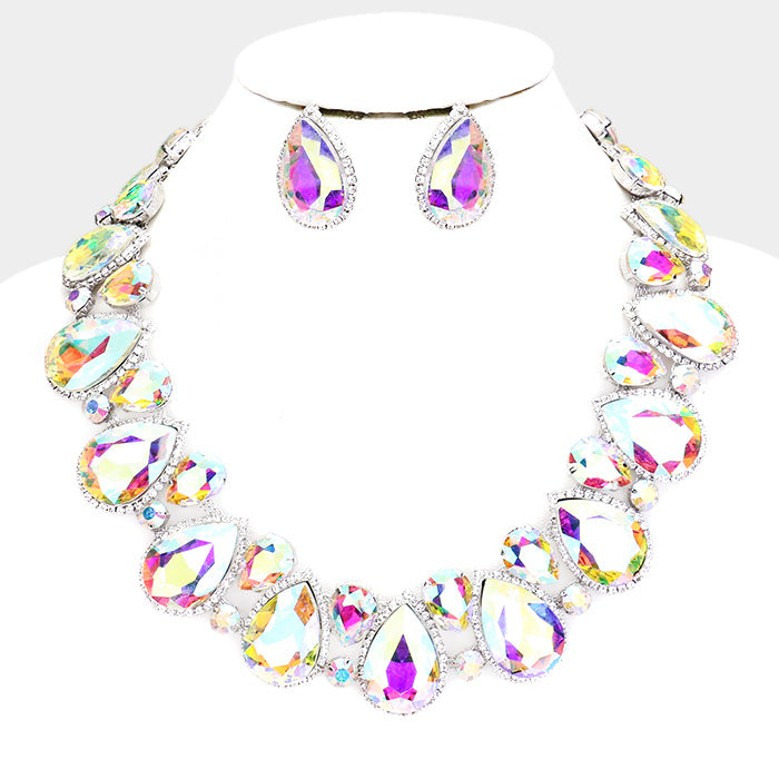 AB Crystal Rhinestone Trim Teardrop Pageant Necklace | Evening Necklace | 409125