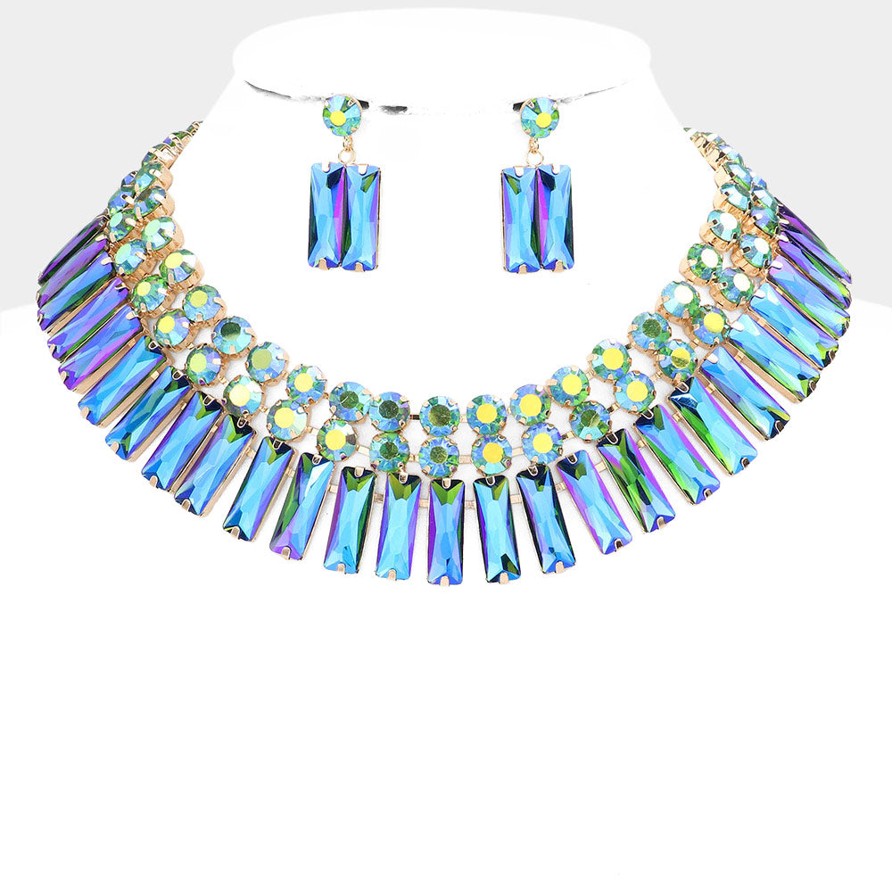 AB Green Round and Rectangle Stone Cluster Evening Necklace Set | Large Crystal Fashion Necklace Set | 576948