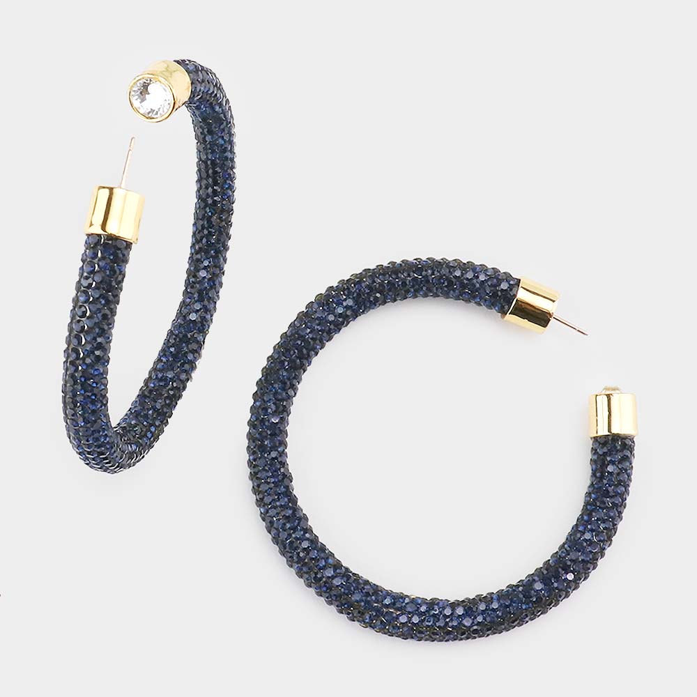 Navy Rhinestone Half Hoop Earrings | 2.5″ | 482467