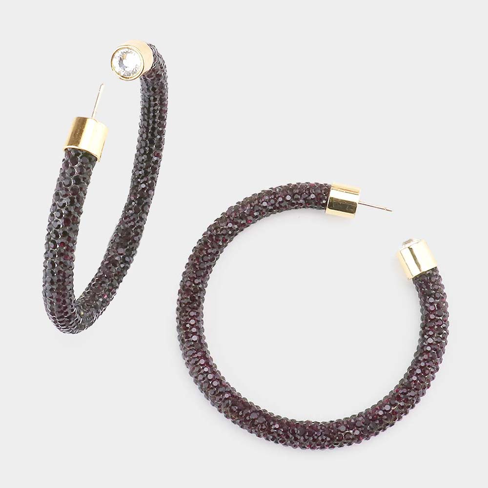 Dark Red Rhinestone Half Hoop Earrings | 2.5″ | 482468