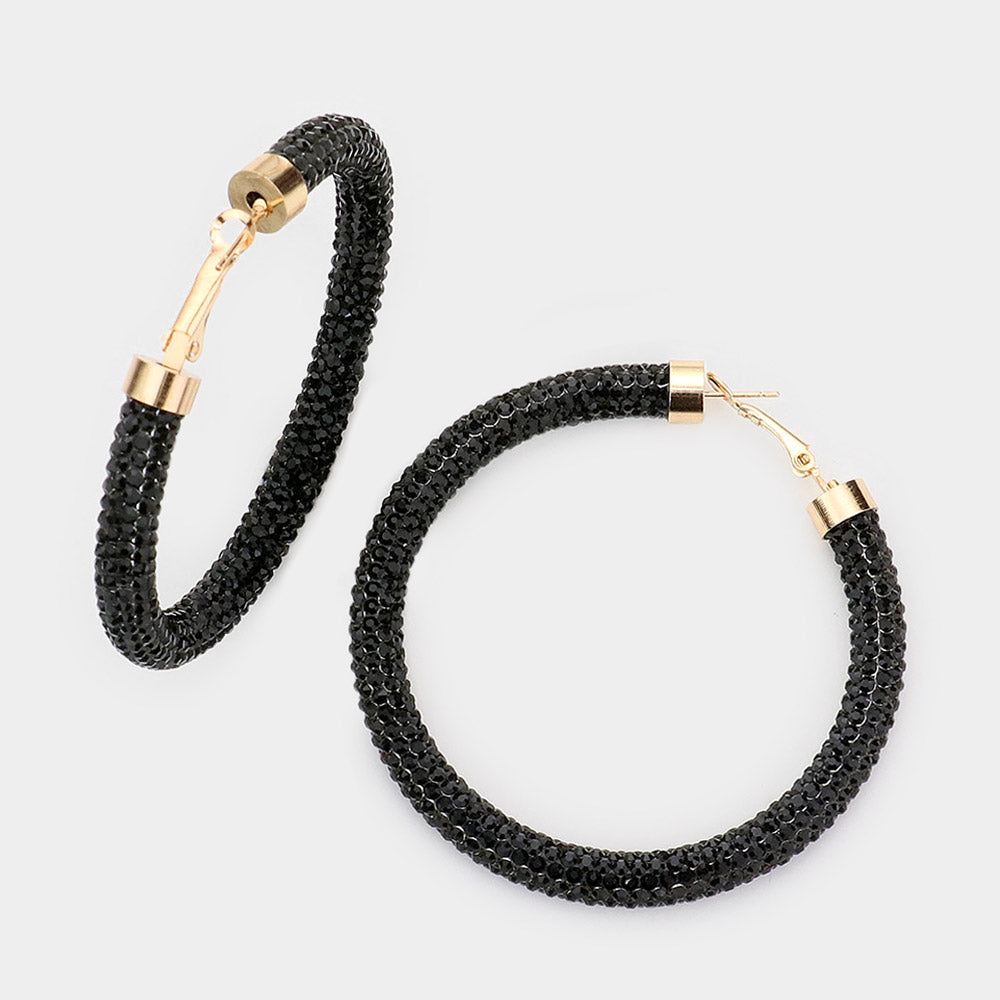 Black Rhinestone Half Hoop Earrings | 2.5″ | 482469