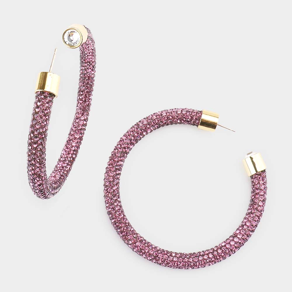 Amethyst Rhinestone Half Hoop Earrings | 2.5″ | 482474